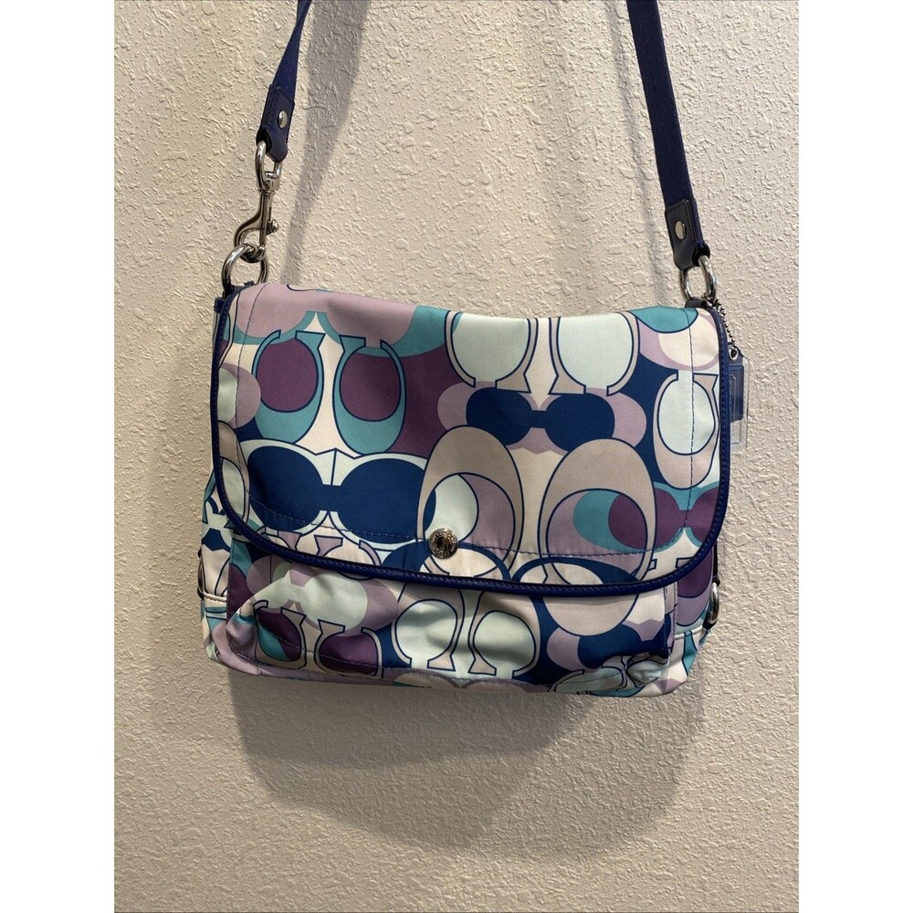 Coach Kyra Daisy Scarf Nylon Signature Messanger Bag Purse F18840 Purple Blue